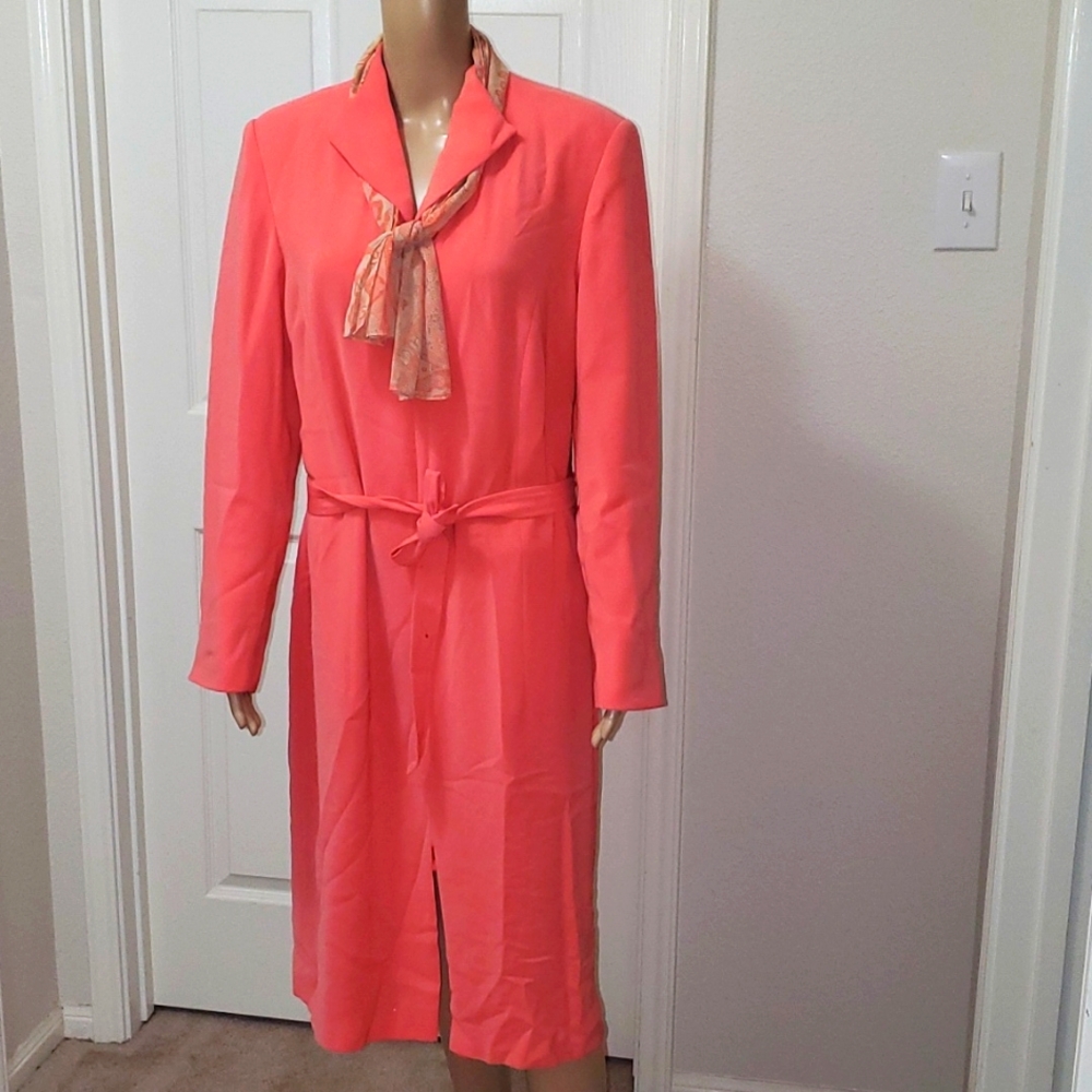 Kasper 14 neon orange blazer dress zip front vneck embedded scarf vintage